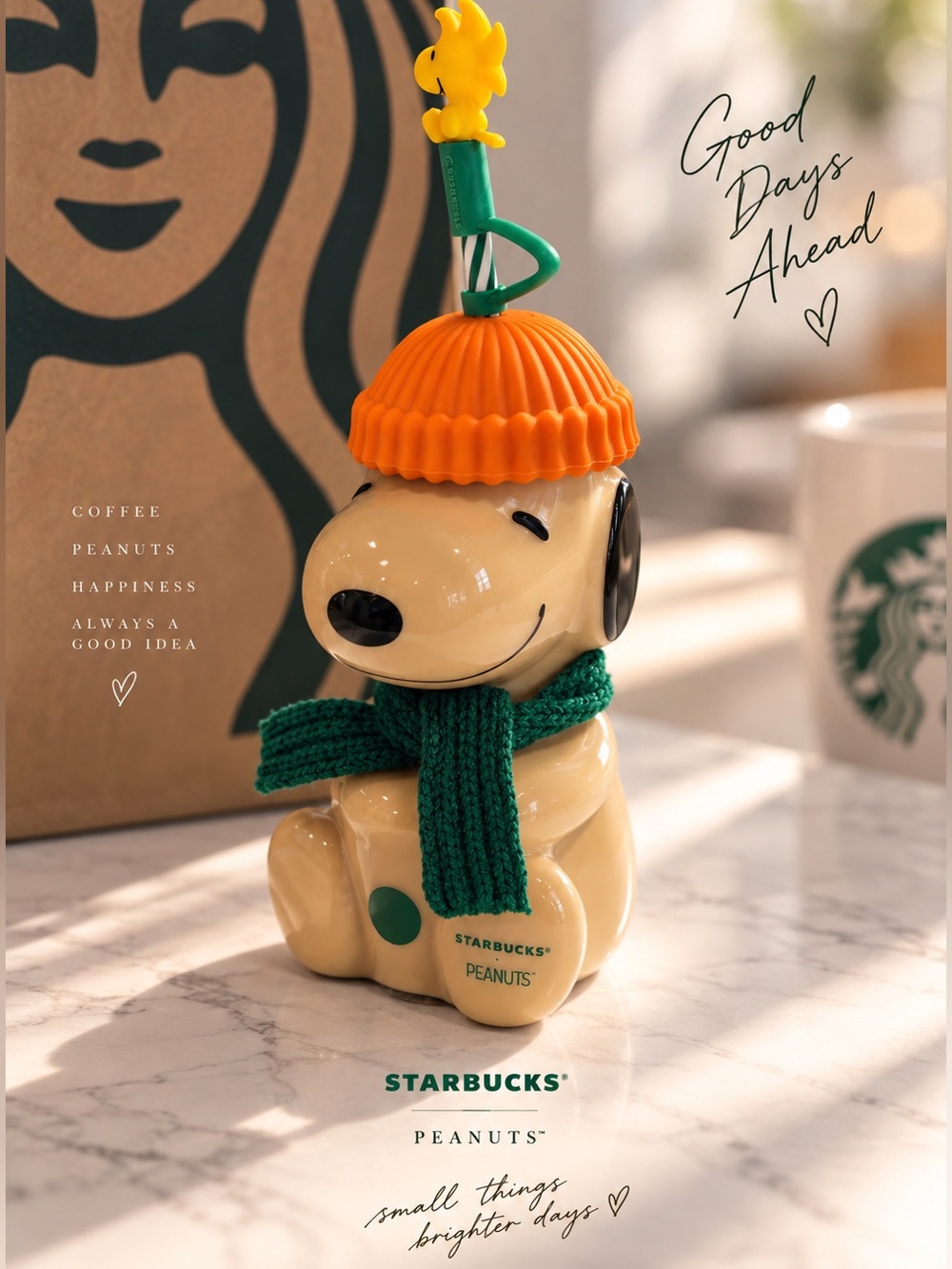 Starbucks x Peanuts Snoopy Cup w/ Knit Scarf, Lid Topper & Hanging Loop
